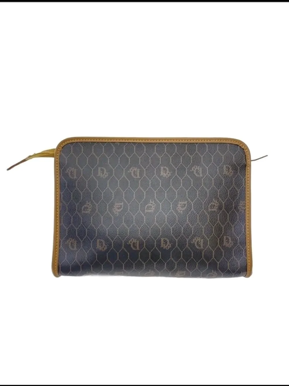 Christian Dior Cosmetic Brown Patterned Zip Pouch with Tan Trim